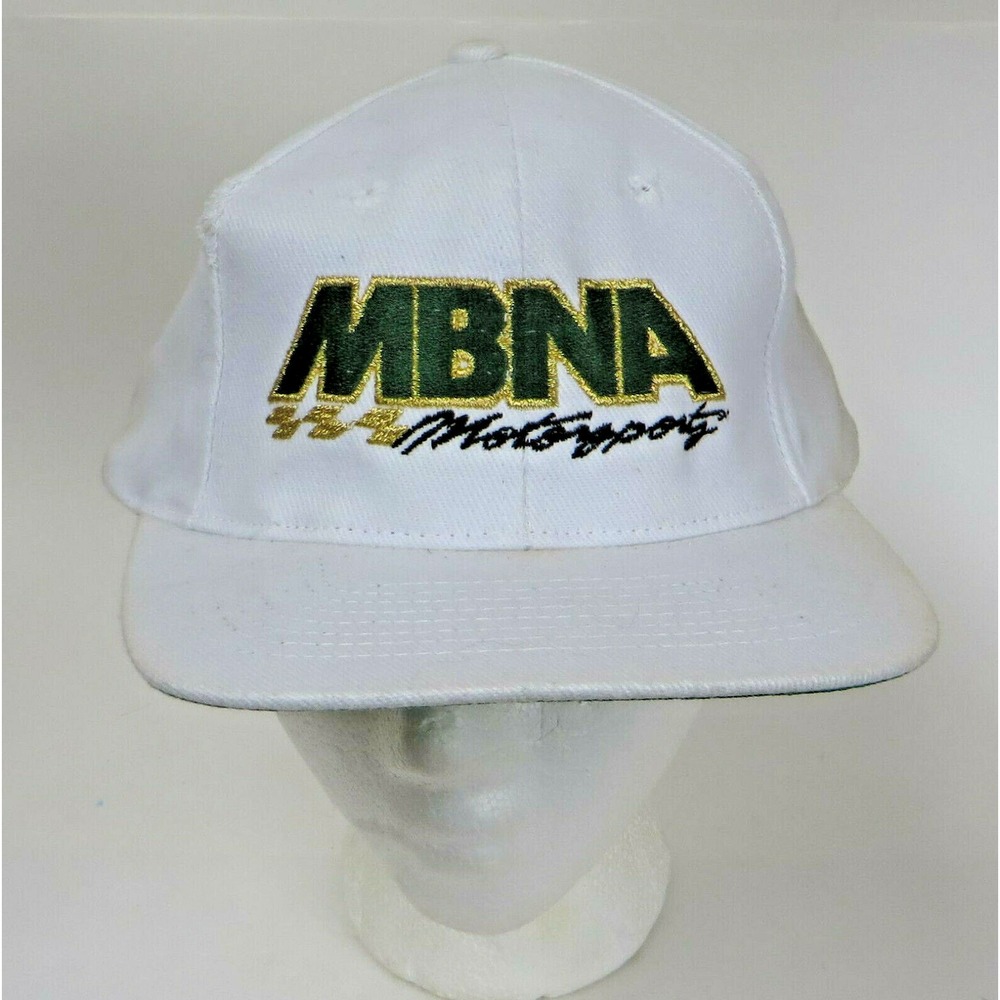 Vtg KC Brand MBNA Motorsports Hat Cap Snapback Snap Back White Green